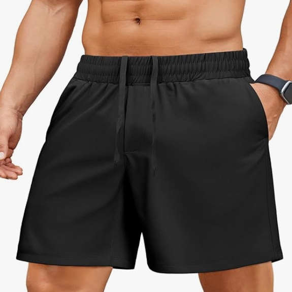 Black athletic shorts with an elastic waistband, drawstring, and side pockets.