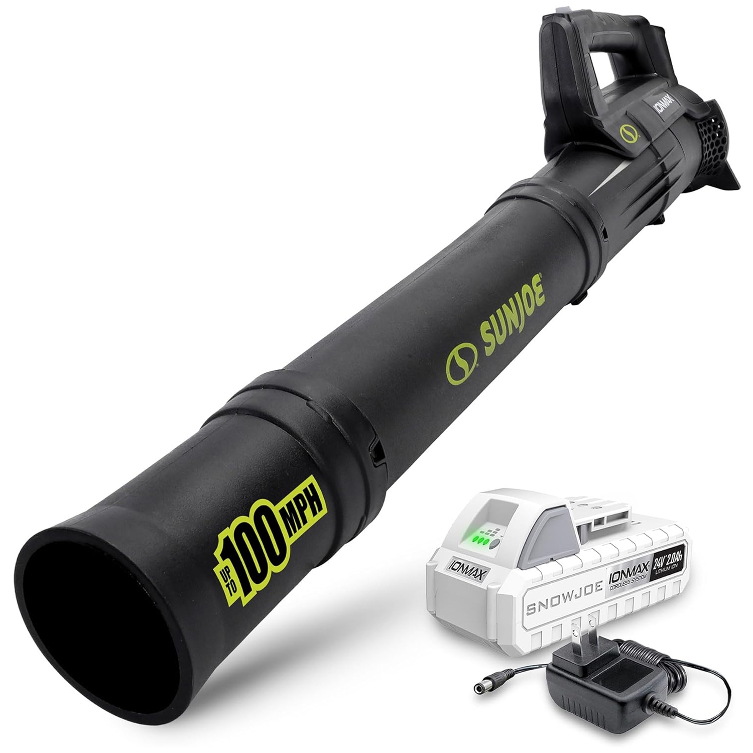 Sun Joe leaf blower with a maximum speed of 100 MPH, accompanied by an iONMAX 24V battery and charging adapter.