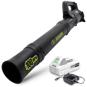 Sun Joe leaf blower with a maximum speed of 100 MPH, accompanied by an iONMAX 24V battery and charging adapter.