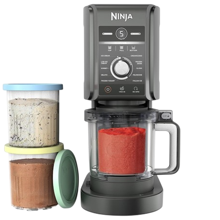 A Ninja ice cream maker with a jar of red frozen dessert and two stacked containers of ice cream in different flavors.