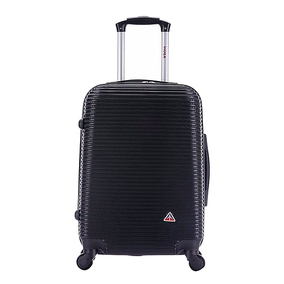 Black hard-shell carry-on suitcase with four wheels and an extendable handle.