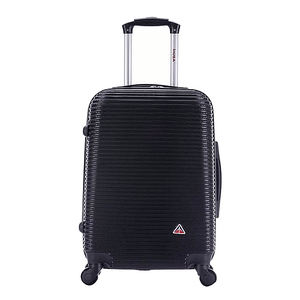 Black hard-shell carry-on suitcase with four wheels and an extendable handle.