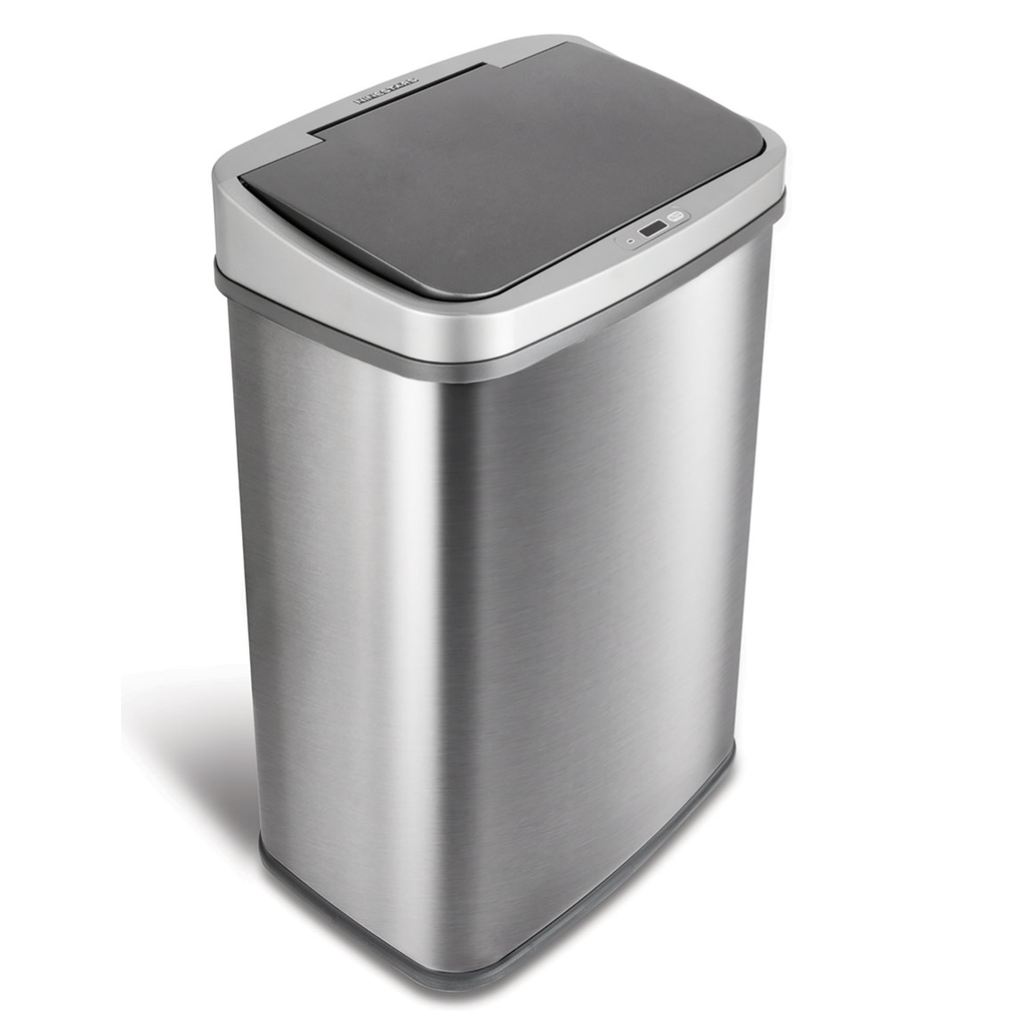 A stainless steel automatic sensor trash can with a rectangular shape and touchless operation.