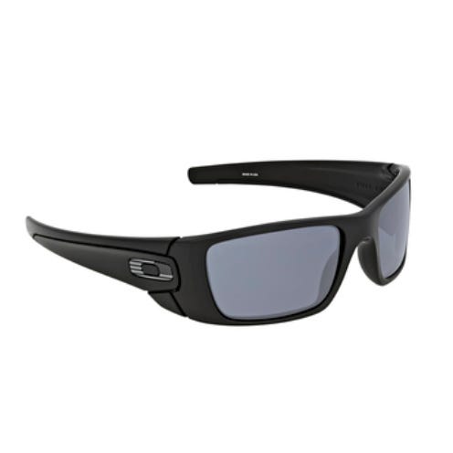 Black Oakley sunglasses with a sleek wraparound design, featuring rectangular dark lenses and a distinctive logo on the temple arms.