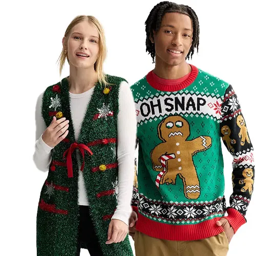 A woman wears a green, holiday-themed vest with red ribbon and pom-pom accents, and a man wears a festive green sweater with an \“Oh Snap\“ gingerbread man design holding a candy cane.