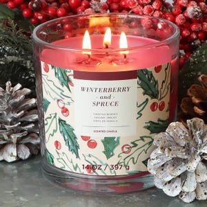 A 14 oz scented candle labeled \“Winterberry and Spruce\“ with notes of frosted berries, holiday spruce, and hints of vanilla is surrounded by pinecones and red berries.