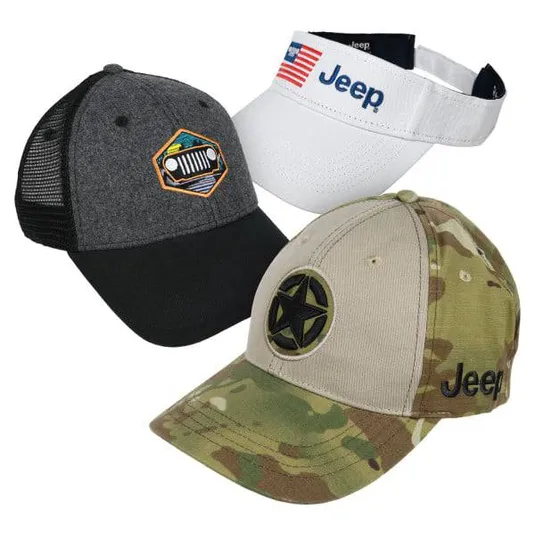 Three caps are shown: a gray and black trucker cap with a Jeep grille patch, a white visor with a Jeep logo and American flag, and a khaki and camouflage cap with a black star and the Jeep logo.