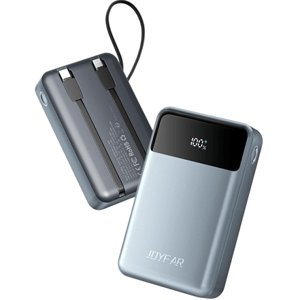 A compact power bank with an integrated display showing battery percentage and attached charging cables, featuring a sleek design and portable form factor.