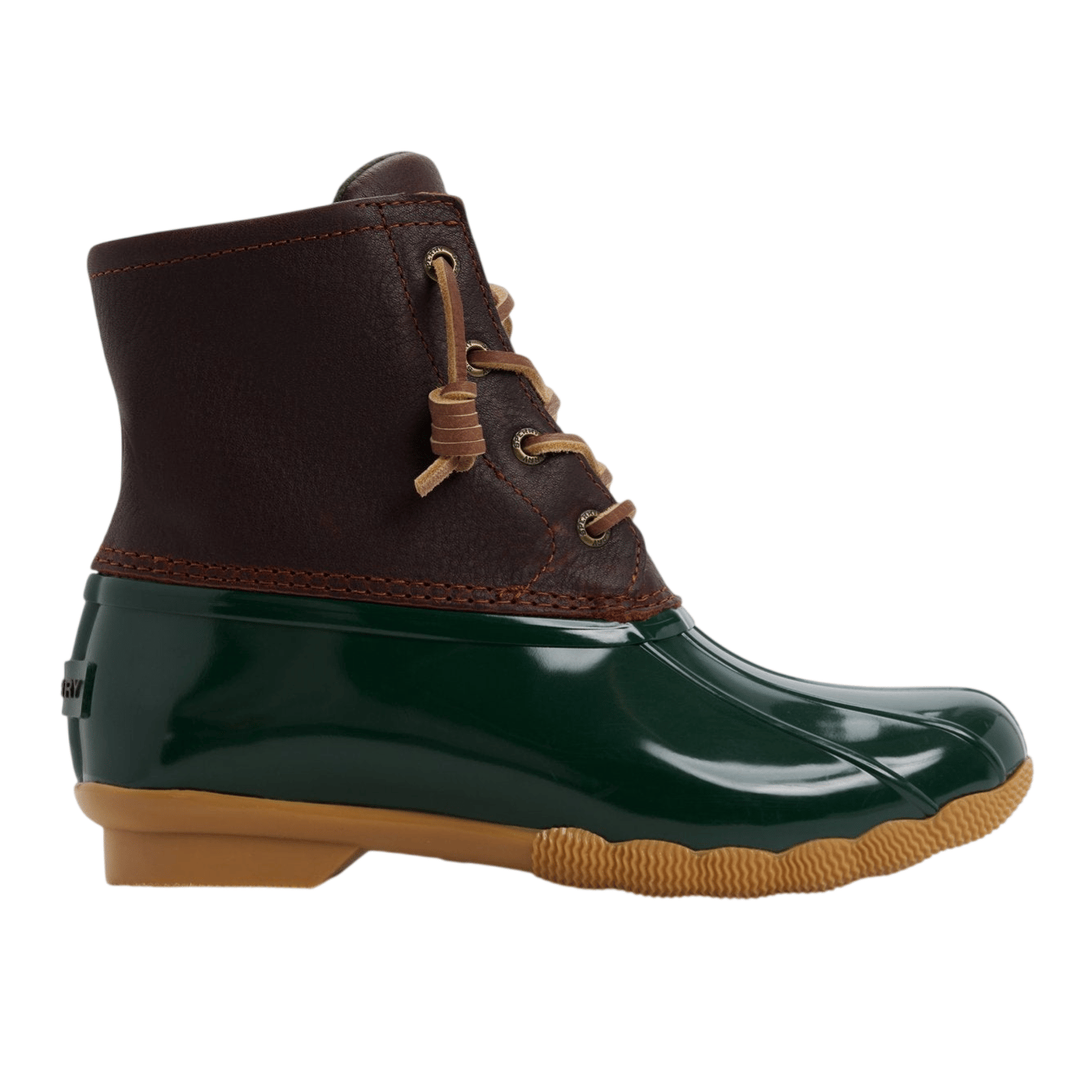 A dark brown leather and green rubber duck boot with tan laces and a tan sole.