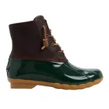 A dark brown leather and green rubber duck boot with tan laces and a tan sole.