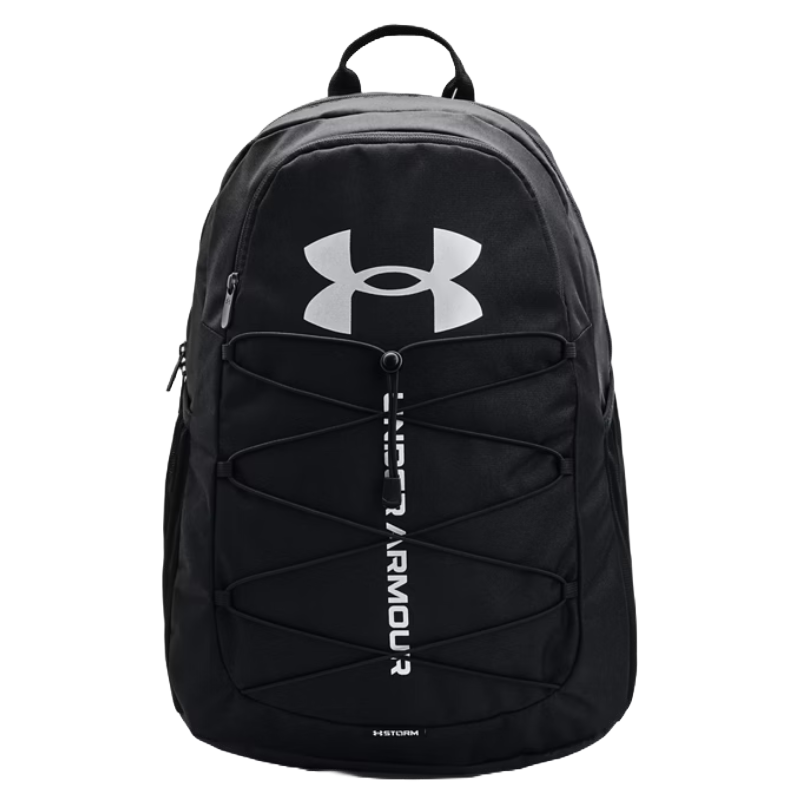 A black Under Armour backpack featuring the brand's logo, vertical lettering, and adjustable bungee cord on the front.