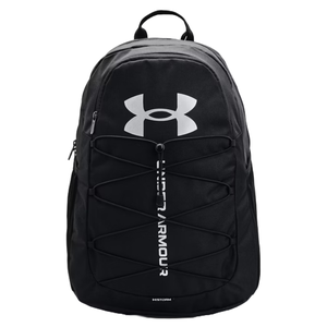 A black Under Armour backpack featuring the brand's logo, vertical lettering, and adjustable bungee cord on the front.