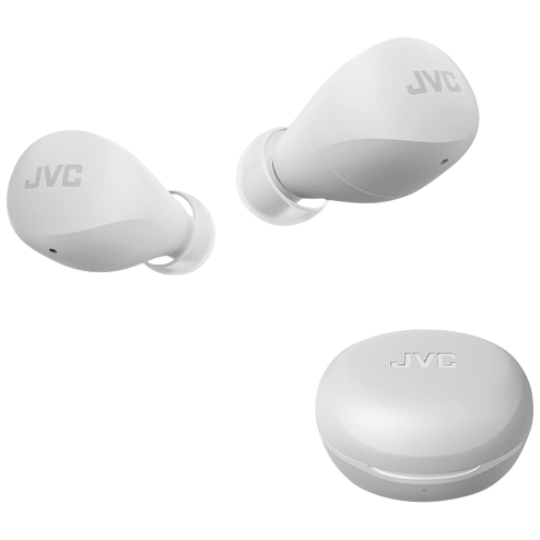 JVC wireless earbuds and a charging case are displayed, featuring a sleek white design with the JVC logo.