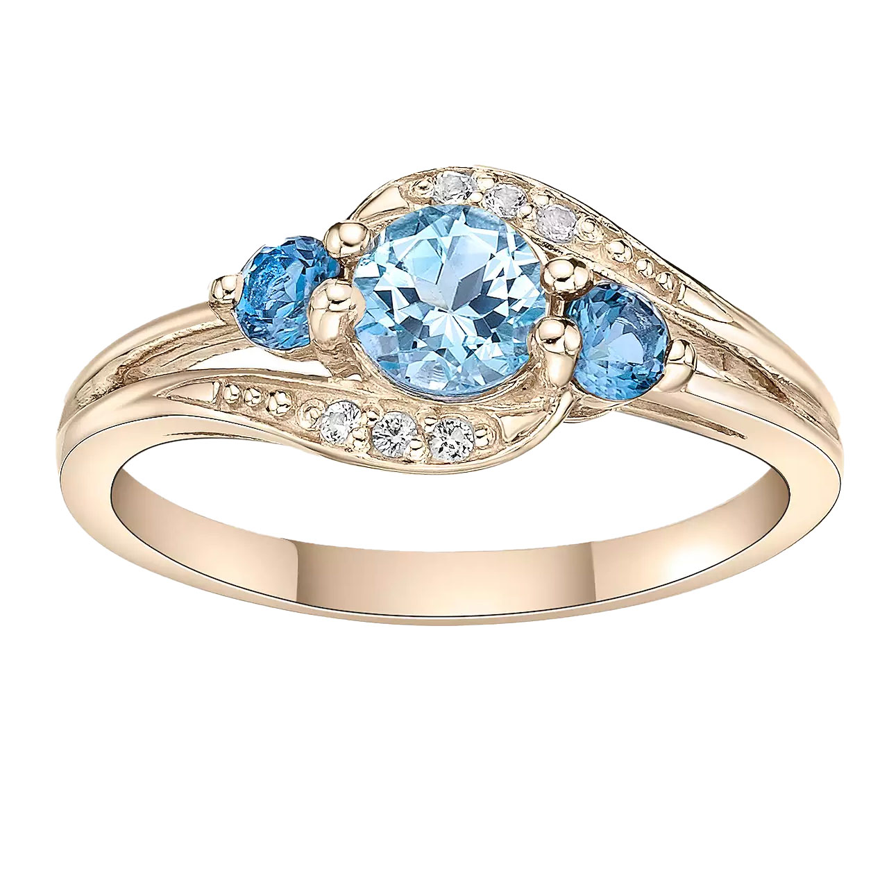 A gold ring featuring a central blue topaz gemstone, flanked by two smaller blue topaz stones. The band is adorned with several small white accent stones, adding sparkle and elegance.