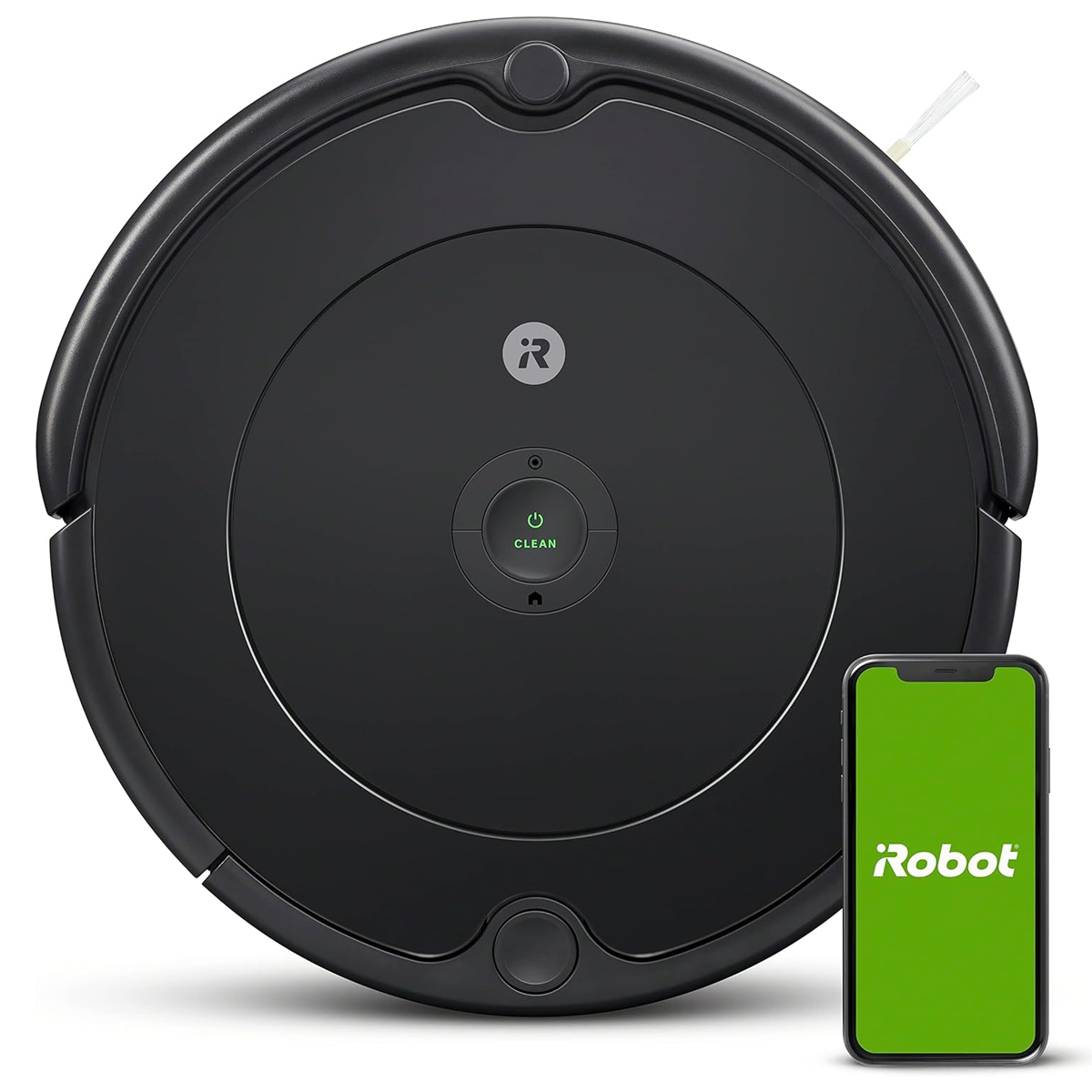 A black, round iRobot Roomba 694 robotic vacuum is shown alongside a smartphone displaying the iRobot logo. It features a central \“Clean\“ button and Wi-Fi connectivity for smart cleaning control.