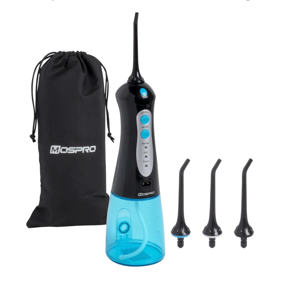 A Mospro portable water flosser with a black and blue design, accompanied by three replacement tips and a black storage pouch.