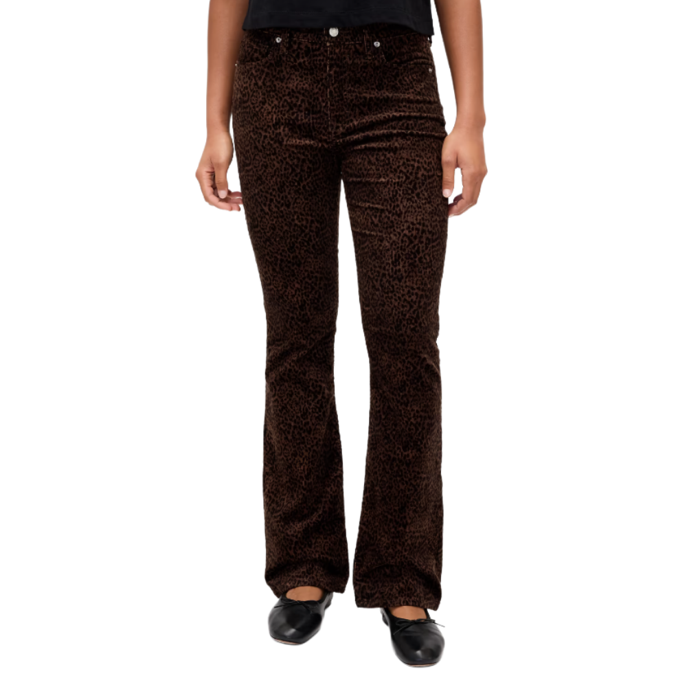 Brown leopard print velvet pants with flare legs, paired with black ballet flats.