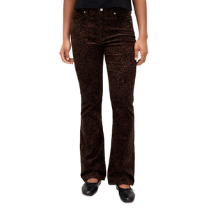 Brown leopard print velvet pants with flare legs, paired with black ballet flats.