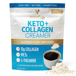 VitaCup Keto + Collagen Creamer, vanilla flavored, is dairy-free, soy-free, and unsweetened. It contains 11g collagen, MCTs, and L-theanine, with coconut milk and water. Net weight: 10 oz (284 g).