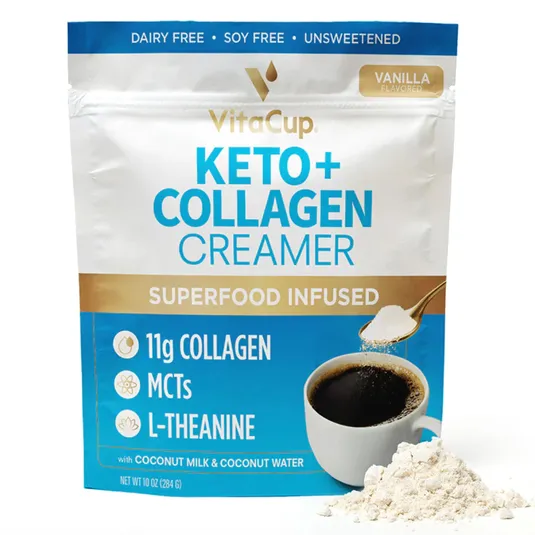 VitaCup Keto + Collagen Creamer, vanilla flavored, is dairy-free, soy-free, and unsweetened. It contains 11g collagen, MCTs, and L-theanine, with coconut milk and water. Net weight: 10 oz (284 g).