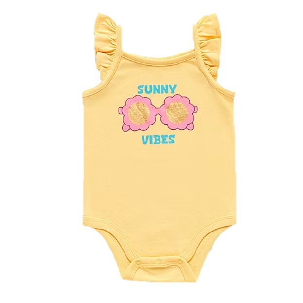 Yellow baby onesie with ruffled shoulders, featuring pink flower-shaped sunglasses and \“Sunny Vibes\“ text in blue.