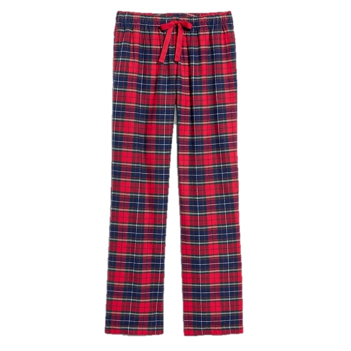 Red and navy plaid flannel pajama pants with an elastic waistband and red drawstring.