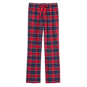Red and navy plaid flannel pajama pants with an elastic waistband and red drawstring.