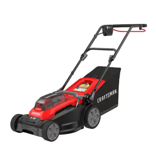 Craftsman electric lawn mower with a red and black design, featuring a grass collection bag and a push handle.