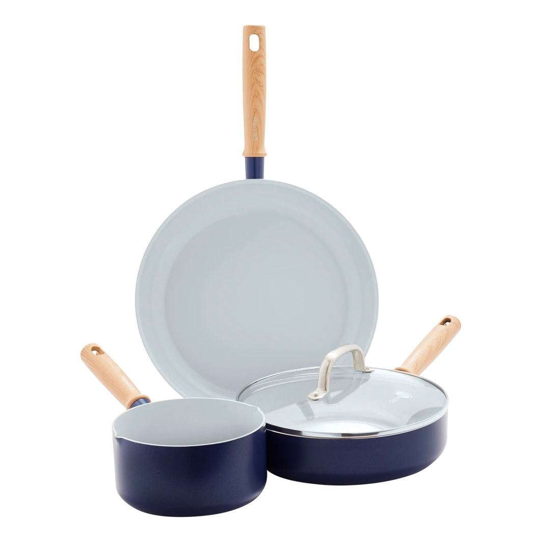 The 4pc GreenPan Cookware Set includes a blue ceramic nonstick frying pan and saucepan with wooden handles, and a sauté pan with a matching lid.