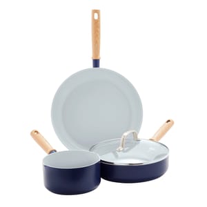 The 4pc GreenPan Cookware Set includes a blue ceramic nonstick frying pan and saucepan with wooden handles, and a sauté pan with a matching lid.