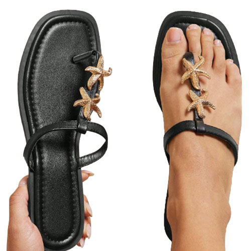 Black sandal with a square toe design, featuring decorative gold starfish accents on the straps.