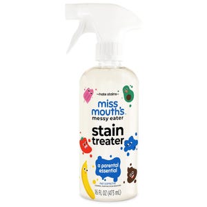 Miss Mouth's Messy Eater Stain Treater is a 16 fl oz (473 ml) spray designed for quick and effective stain removal, featuring playful fruit and food graphics on the label.