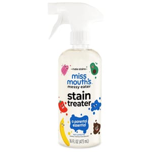 Miss Mouth's Messy Eater Stain Treater is a 16 fl oz (473 ml) spray designed for quick and effective stain removal, featuring playful fruit and food graphics on the label.