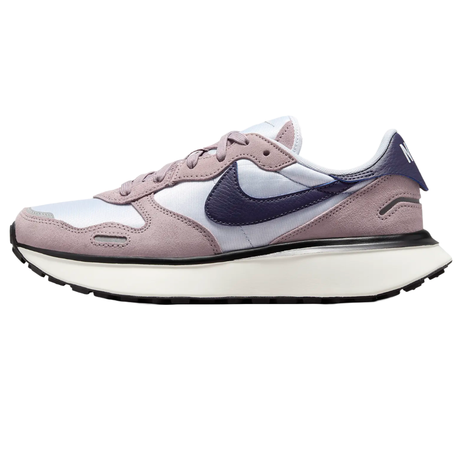 Nike Phoenix Waffle Shoes feature a light lavender and dark purple color scheme, with a suede and mesh upper, cushioned midsole, and black rubber outsole, showcasing the iconic Nike swoosh.