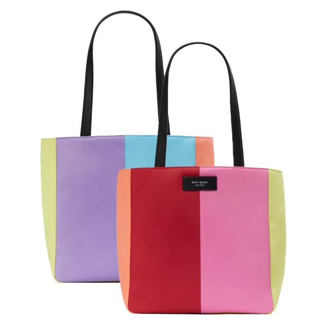 Two color-blocked tote bags with contrasting panels and black handles, one with a purple gradient and the other with a red to pink gradient.