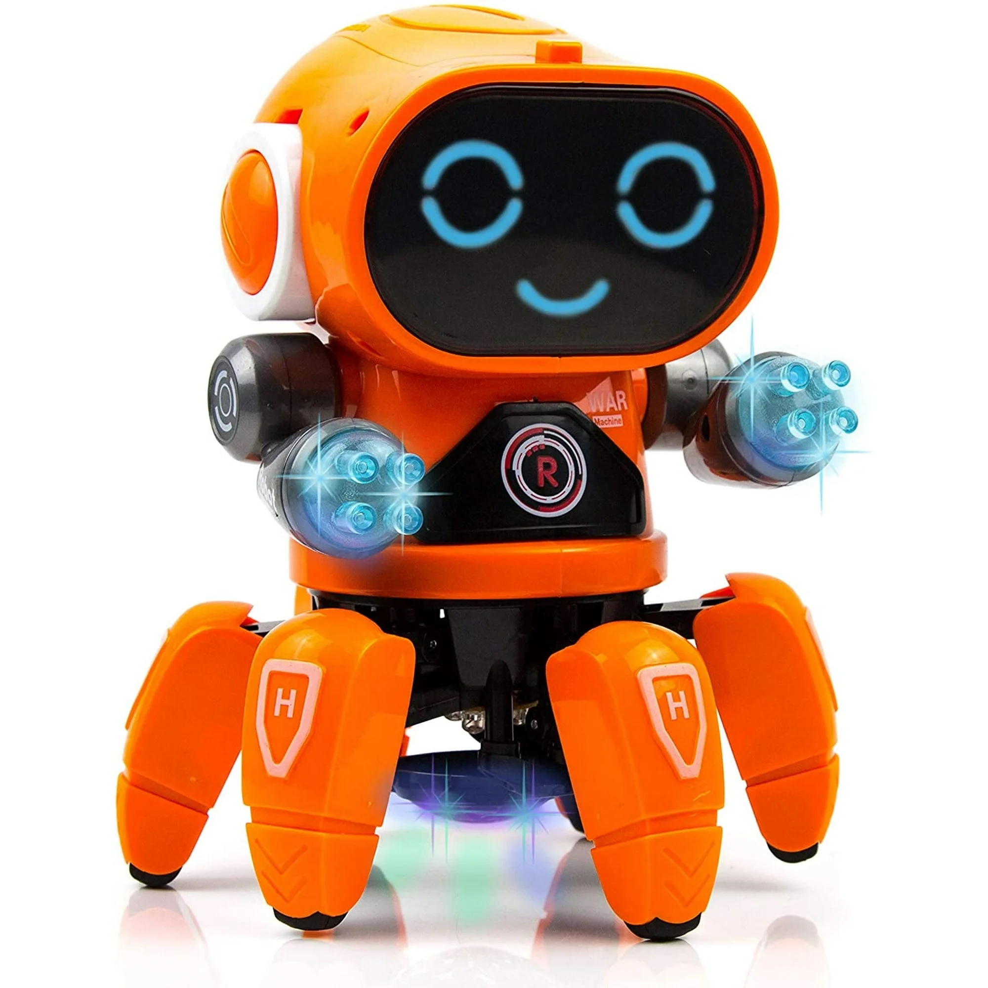 Orange toy robot with a digital face display and light-up features.