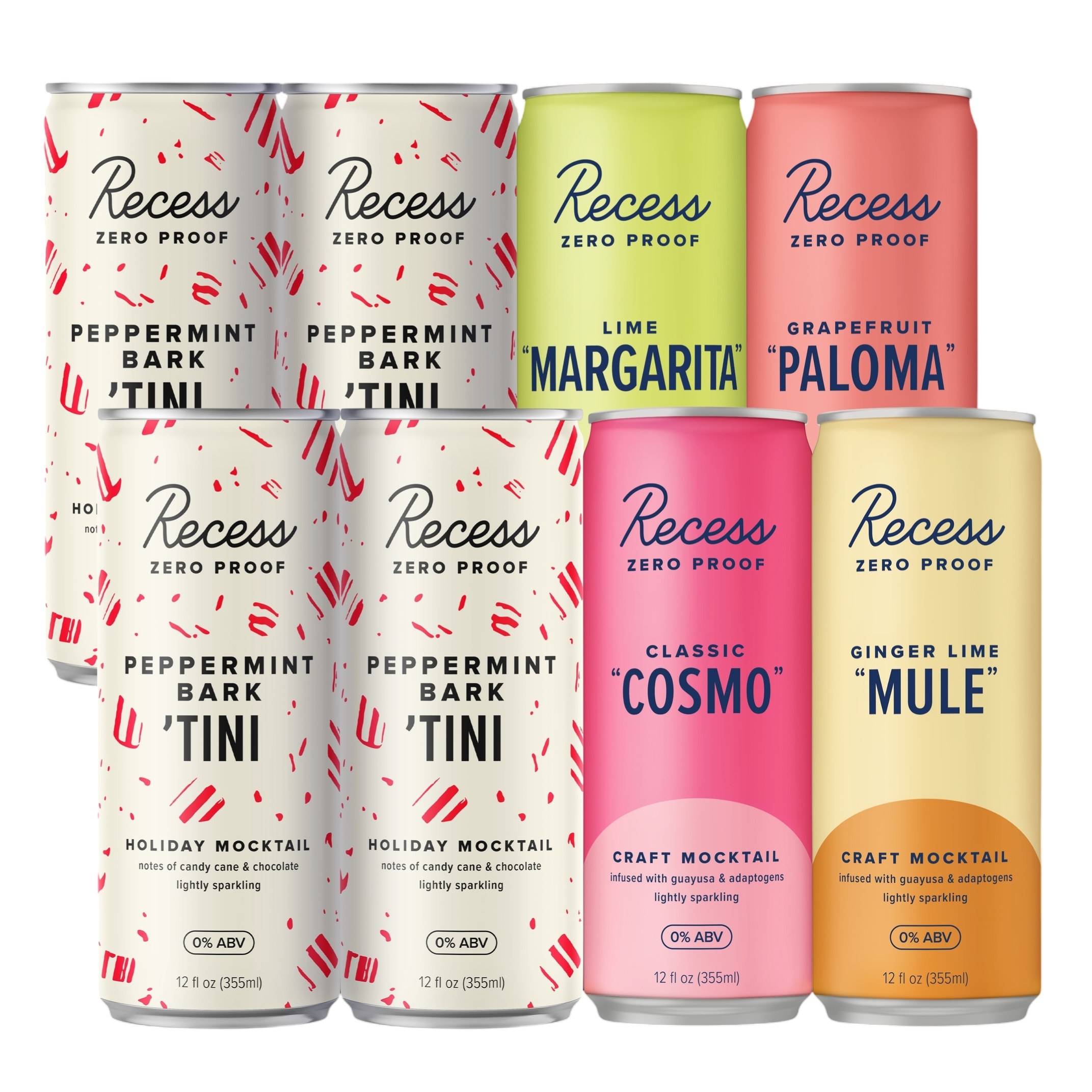 Recess Zero Proof mocktails in 12 oz cans: Peppermint Bark ’Tini, Lime “Margarita,” Grapefruit “Paloma,” Classic “Cosmo,” and Ginger Lime “Mule.” All are 0% ABV and lightly sparkling.