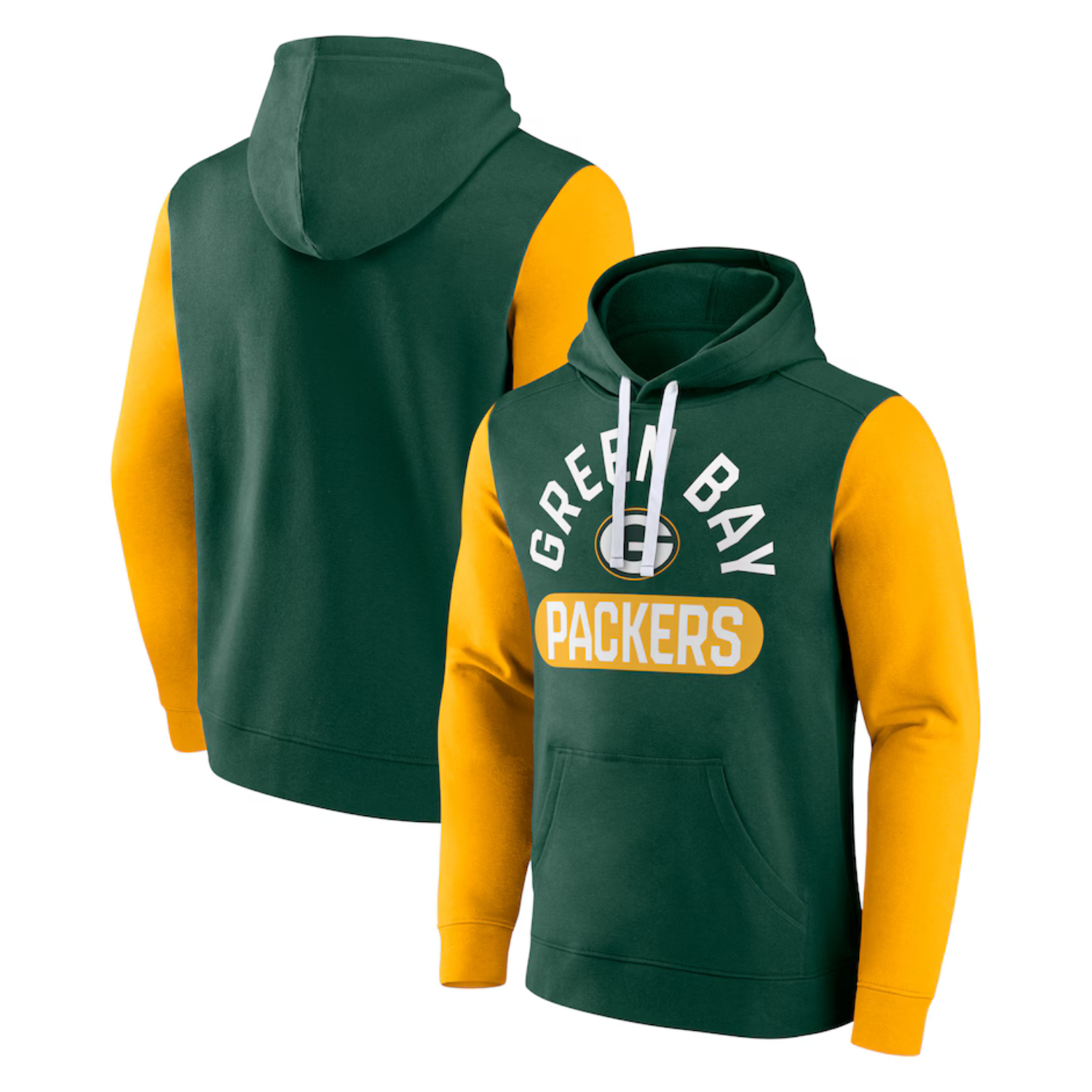 Green Bay Packers hooded sweatshirt with a green body, yellow sleeves, and white \“Green Bay Packers\“ text on the front. Featuring a drawstring hood and front pocket.