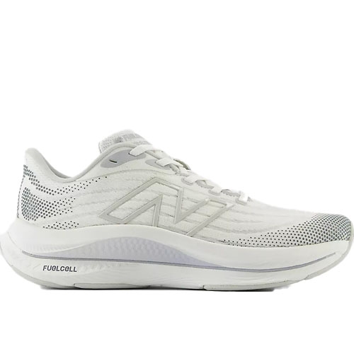 The New Balance FuelCell Walker Elite Shoes are sleek, white athletic sneakers with a perforated design for breathability. They feature the FuelCell cushioning for enhanced comfort and performance.