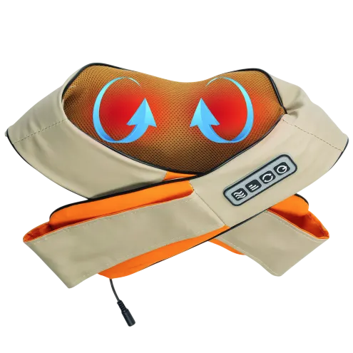 A neck and shoulder massager with an ergonomic design, featuring rotating nodes and a 3-button control panel.
