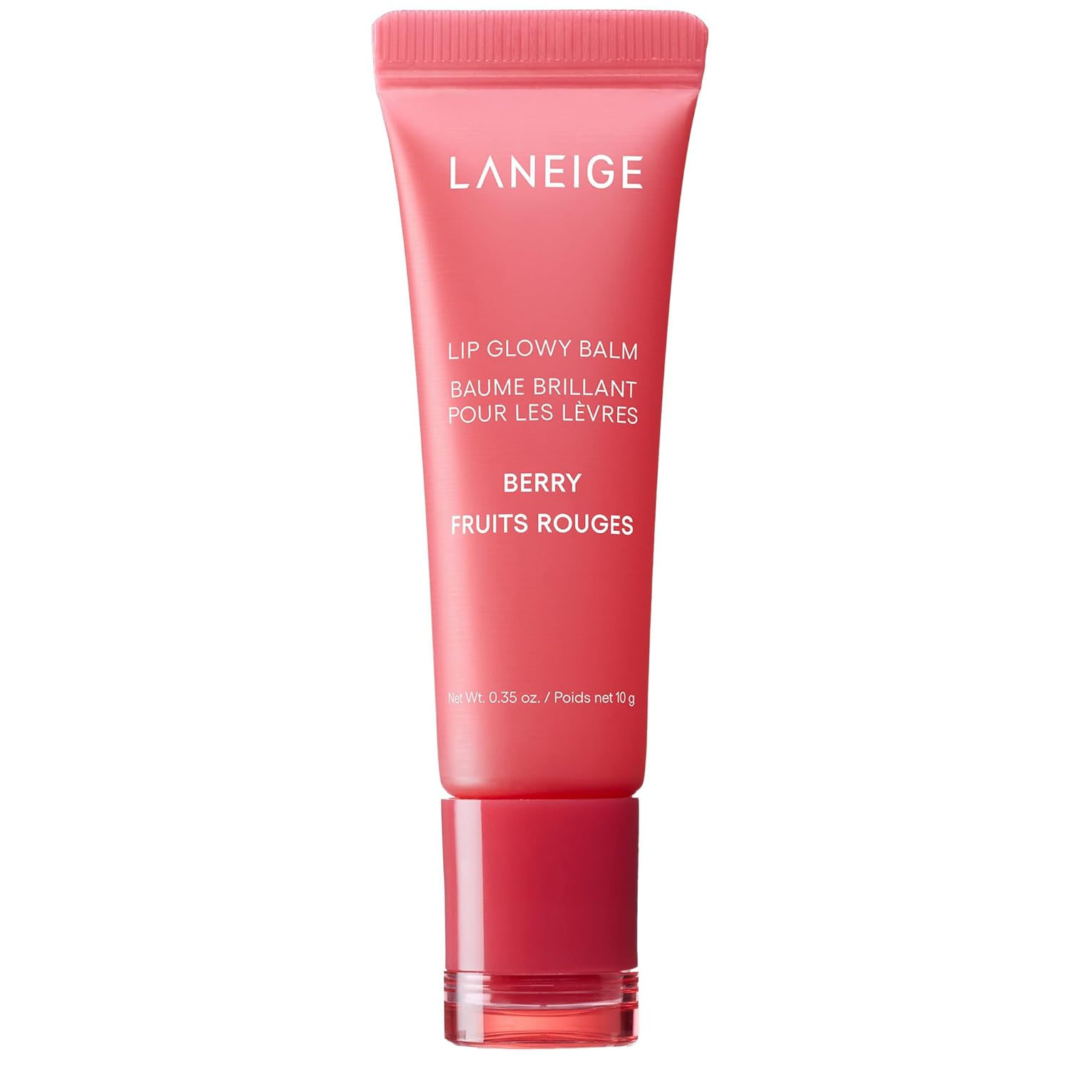 LANEIGE Lip Glowy Balm in Berry scent, 0.35 oz (10g), with packaging in pinkish-red and text in English and French.