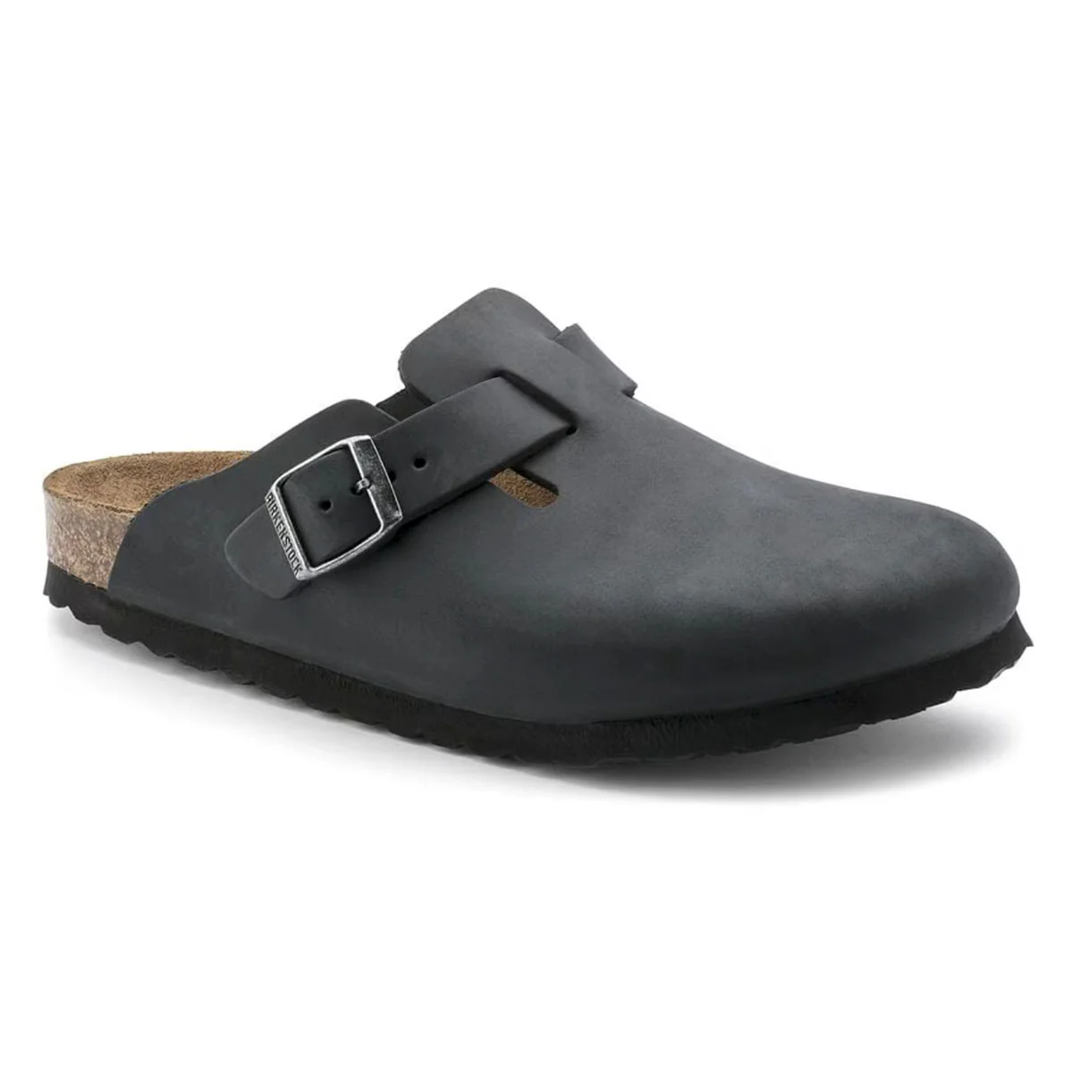 A black Birkenstock Boston clog featuring an adjustable strap with a metal buckle and cork footbed.