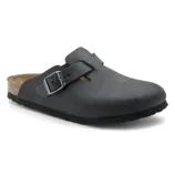 A black Birkenstock Boston clog featuring an adjustable strap with a metal buckle and cork footbed.