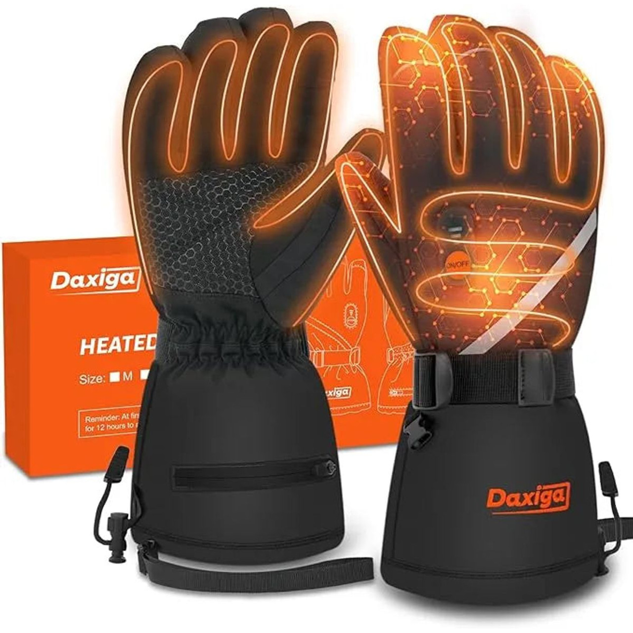 Heated gloves with temperature control features, designed for winter use, shown with packaging labeled \“Daxiga.\“