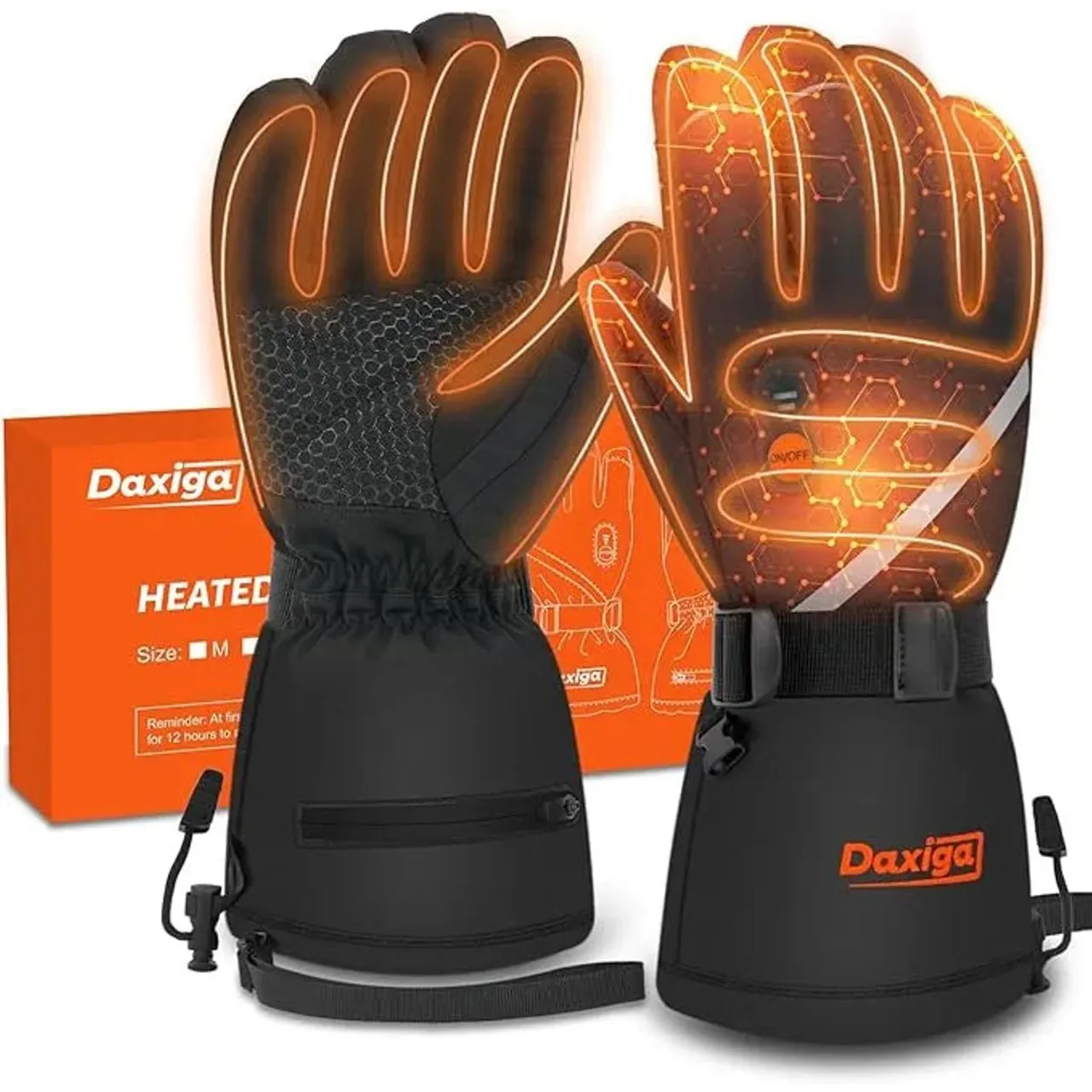 Heated gloves with temperature control features, designed for winter use, shown with packaging labeled \“Daxiga.\“