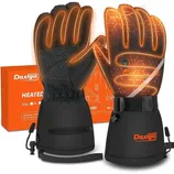 Heated gloves with temperature control features, designed for winter use, shown with packaging labeled \“Daxiga.\“