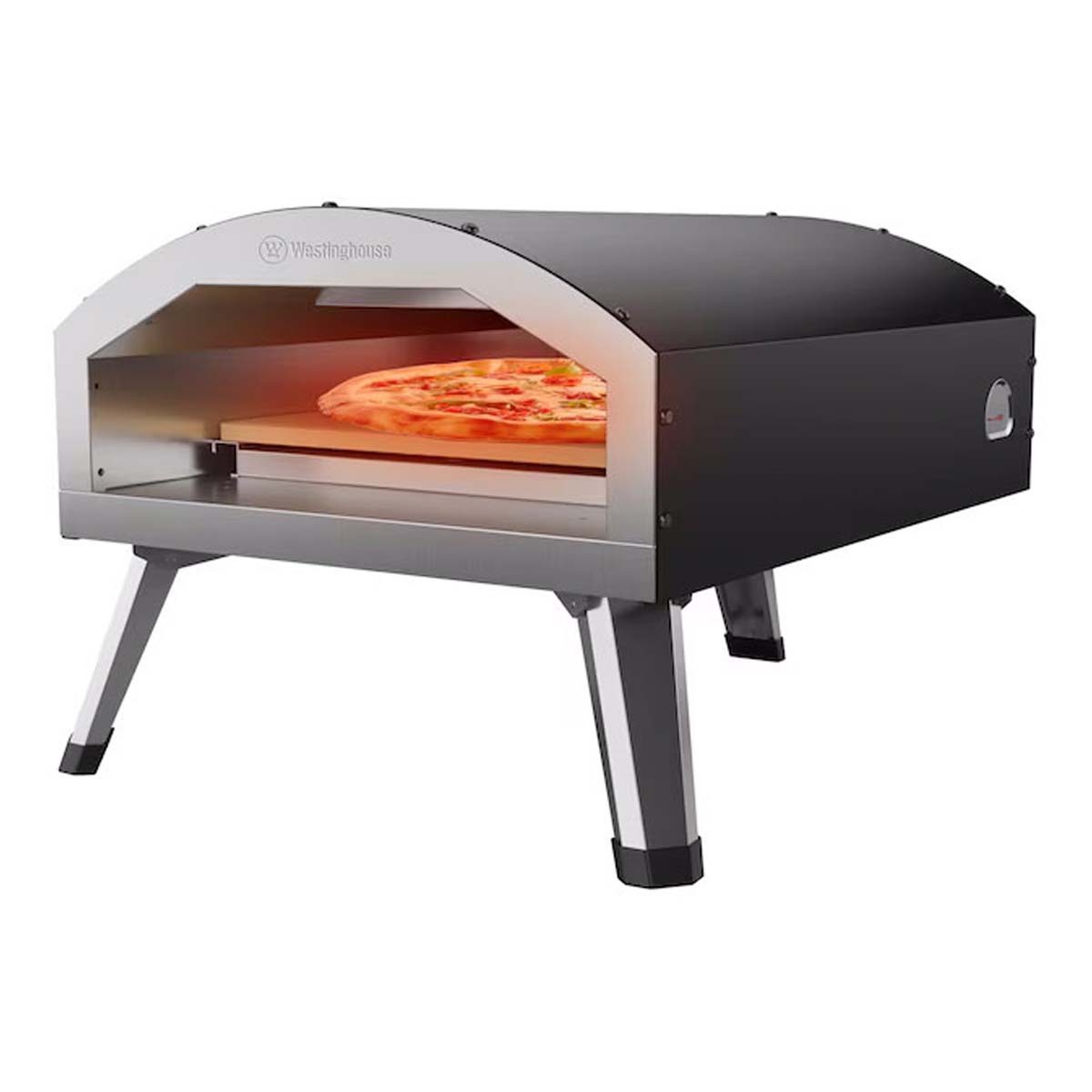 A compact outdoor pizza oven with a visible pizza inside, featuring a modern design and sturdy legs, suitable for home use.
