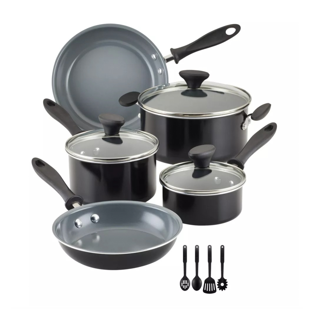 12-piece Farberware Cook Set includes nonstick pots, pans, and glass lids with black handles, featuring saucepans, frying pans, and a Dutch oven. Also includes four black cooking utensils: slotted spoon, spoon, spatula, and pasta fork.
