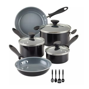 12-piece Farberware Cook Set includes nonstick pots, pans, and glass lids with black handles, featuring saucepans, frying pans, and a Dutch oven. Also includes four black cooking utensils: slotted spoon, spoon, spatula, and pasta fork.