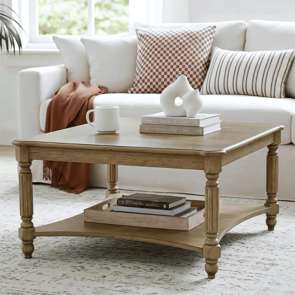 A wooden square coffee table with turned legs features a shelf below. It is styled with books, a white abstract sculpture, and a mug. The background includes a beige couch with checkered and striped pillows and a brown throw blanket.